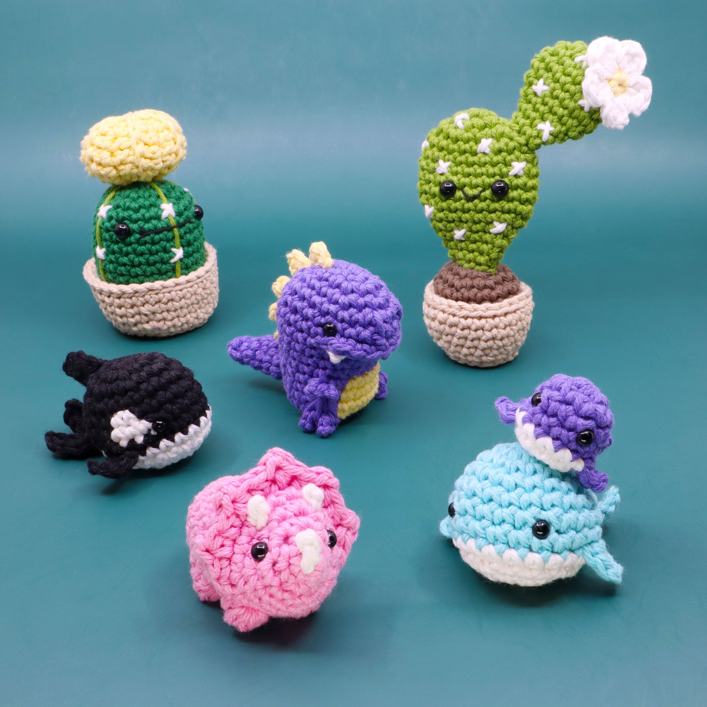 Themed Crochet Kit Bundle - Dinosaur + Cactus + Whale Beginner Crochet Kits