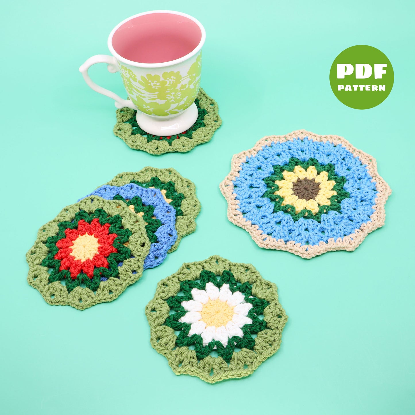 Flower Coasters, Pad, and Clock Crochet Pattern - Crocheted Clock Crocheting Tutorial - Interactive PDF and Video Pattern