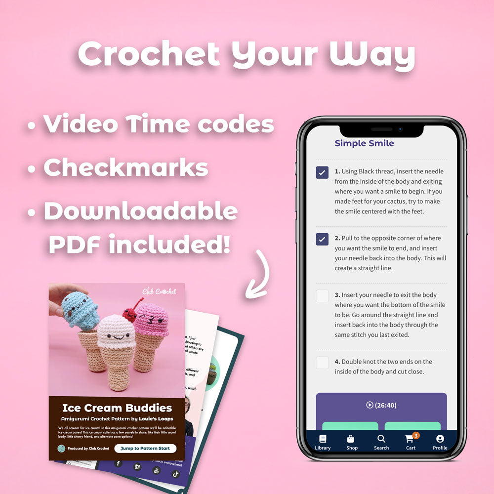 Ice Cream Buddy Amigurumi Crochet Pattern - Interactive Digital Pattern, Video Tutorial, and PDF